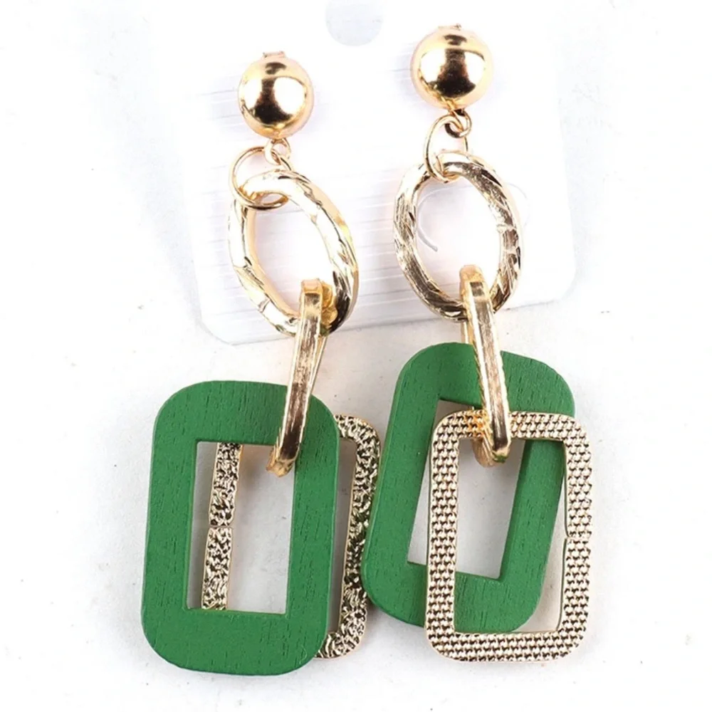 Multi-Shape Colorful Wooden with Gold-Tone Dangle Earrings, Push Back Closure - Picture 11 of 13